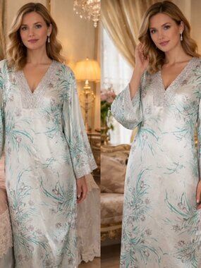 Oscar de la Renta Pink label White Green Floral Satin Zip Caftan Sz L